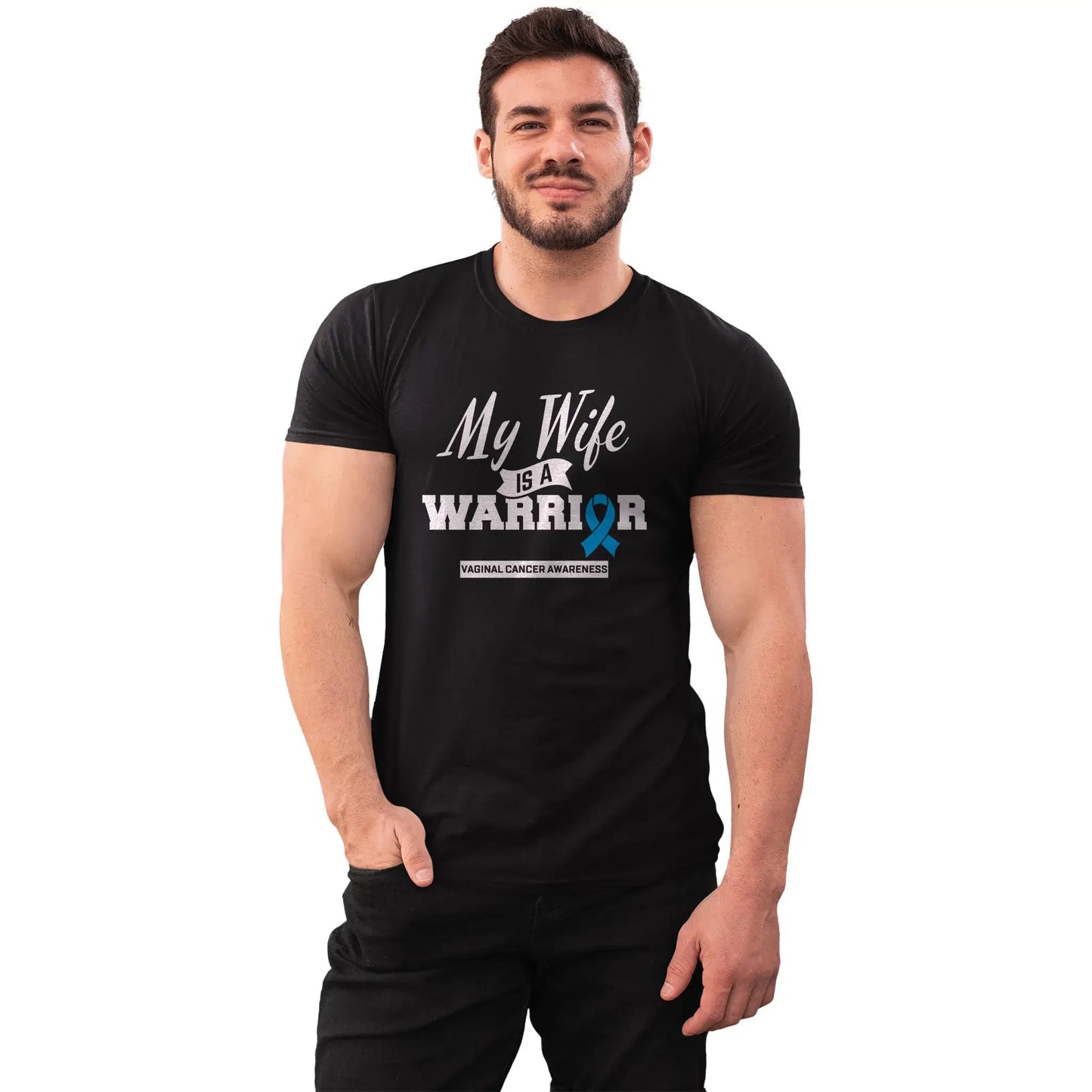 The “My Wife Is a Warrior” tee is worn by a husband standing beside his wife during treatment, recovery, and advocacy for vaginal cancer.