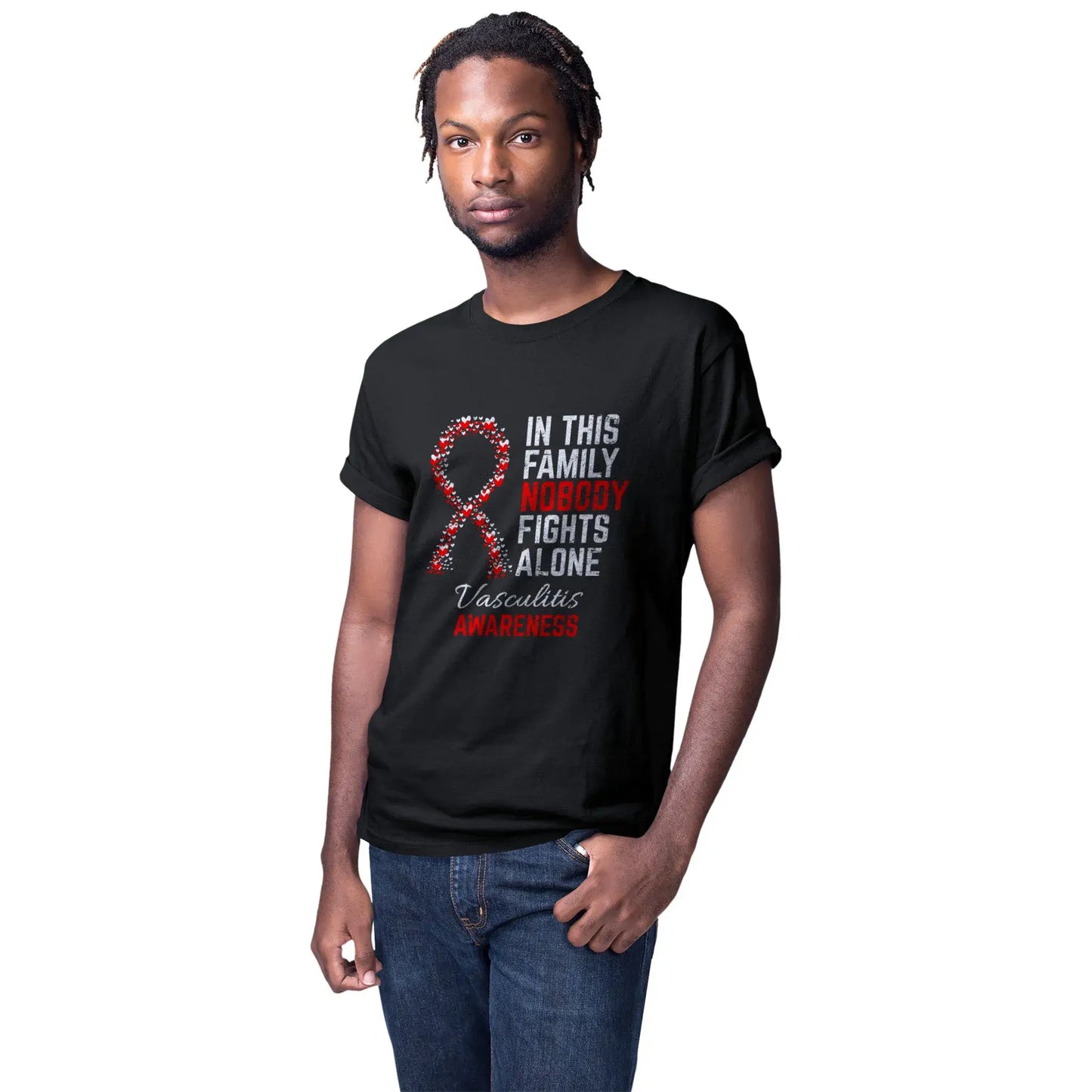 A man wears the vasculitis awareness T-shirt to stand with those battling vasculitis and promote strength through unity.