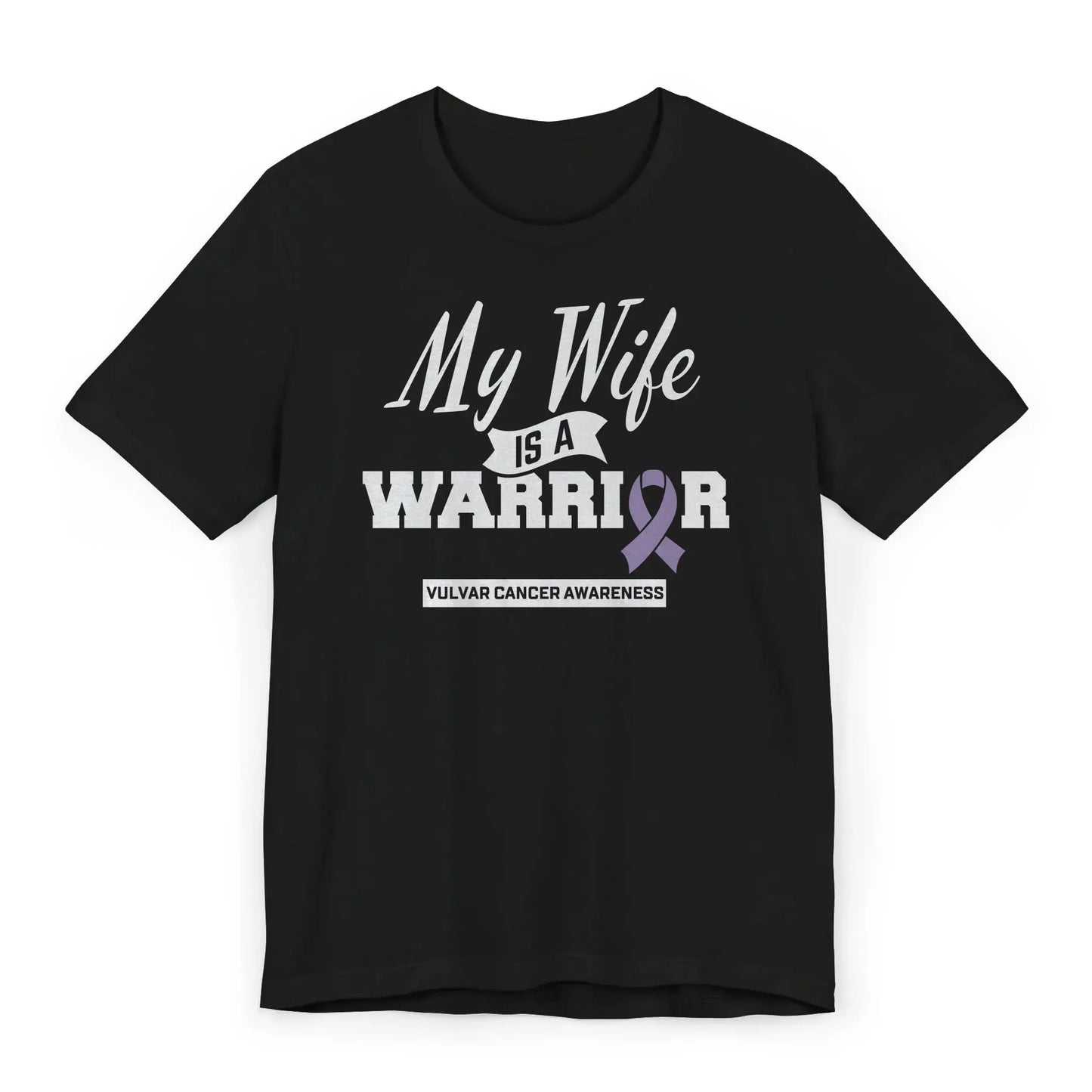 Flat image of a “My Wife Is a Warrior” Vulvar Cancer Awareness T-shirt with a teal ribbon designed to support rare gynecologic cancer awareness.