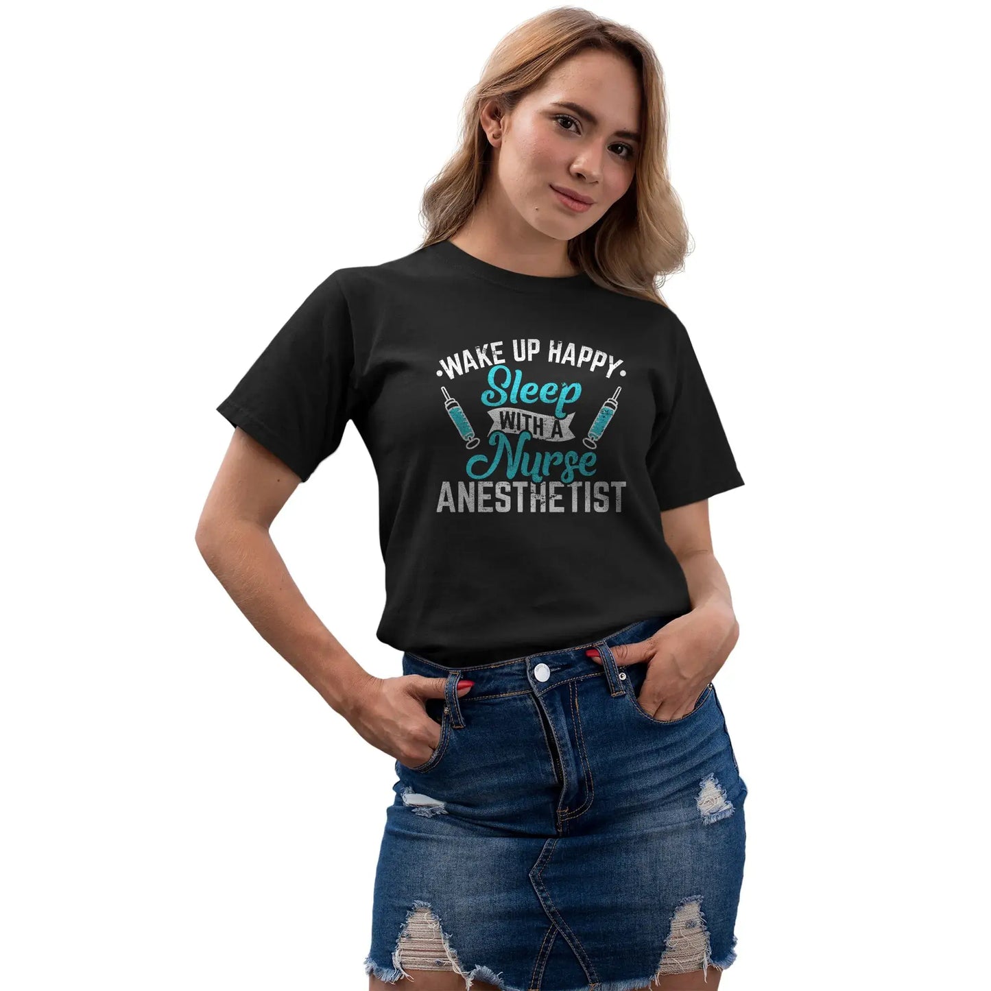 Girl wearing nurse anesthetist humor shirt