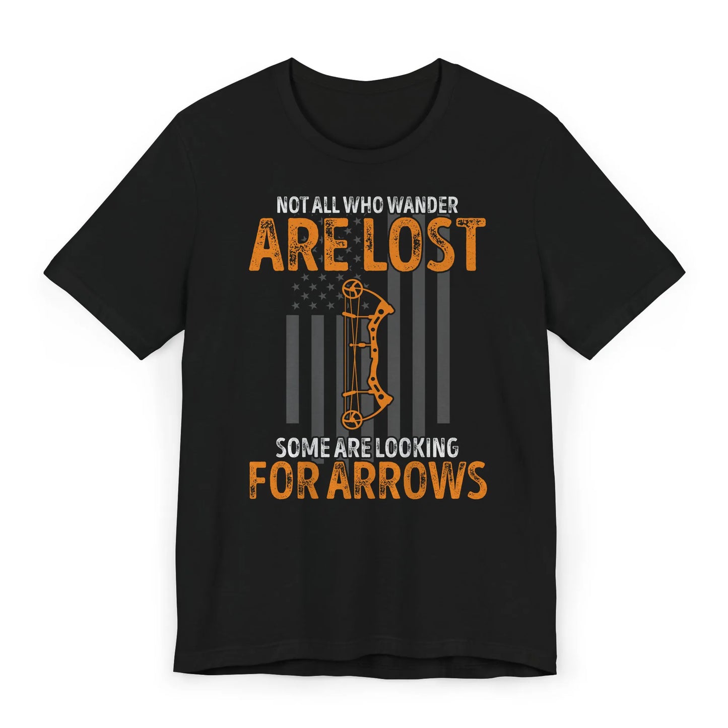 Flatlay of Wander for Arrows tee with compound bow and flag design – archery gift for roaming archers
