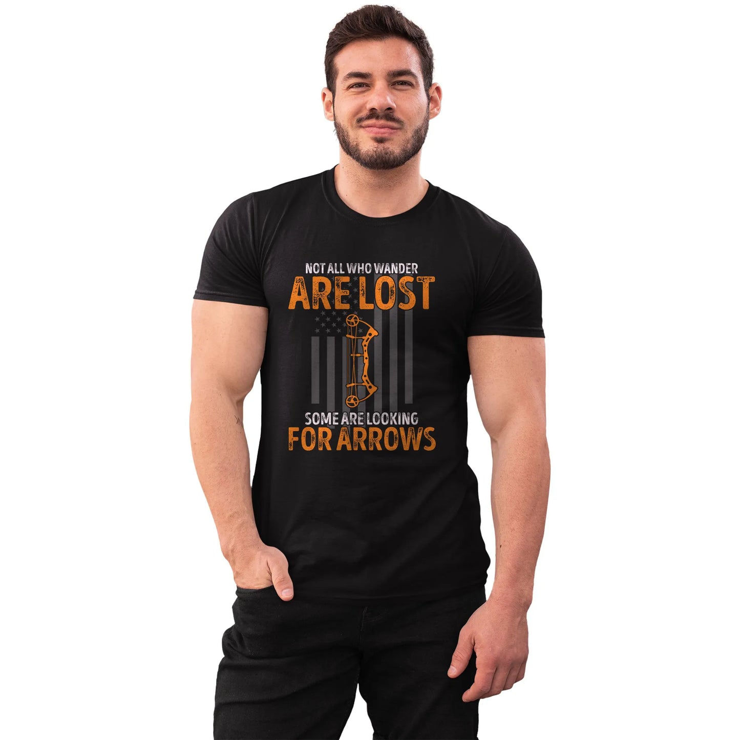 Man modeling Wander for Arrows t-shirt – patriotic archery gift for bowmen who roam