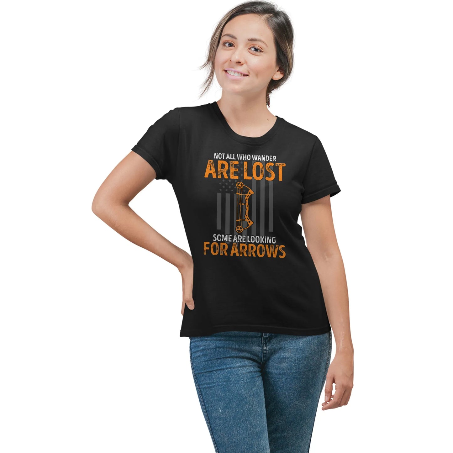 Woman wearing Wander for Arrows shirt – archer gift tee for women who love archery and nature