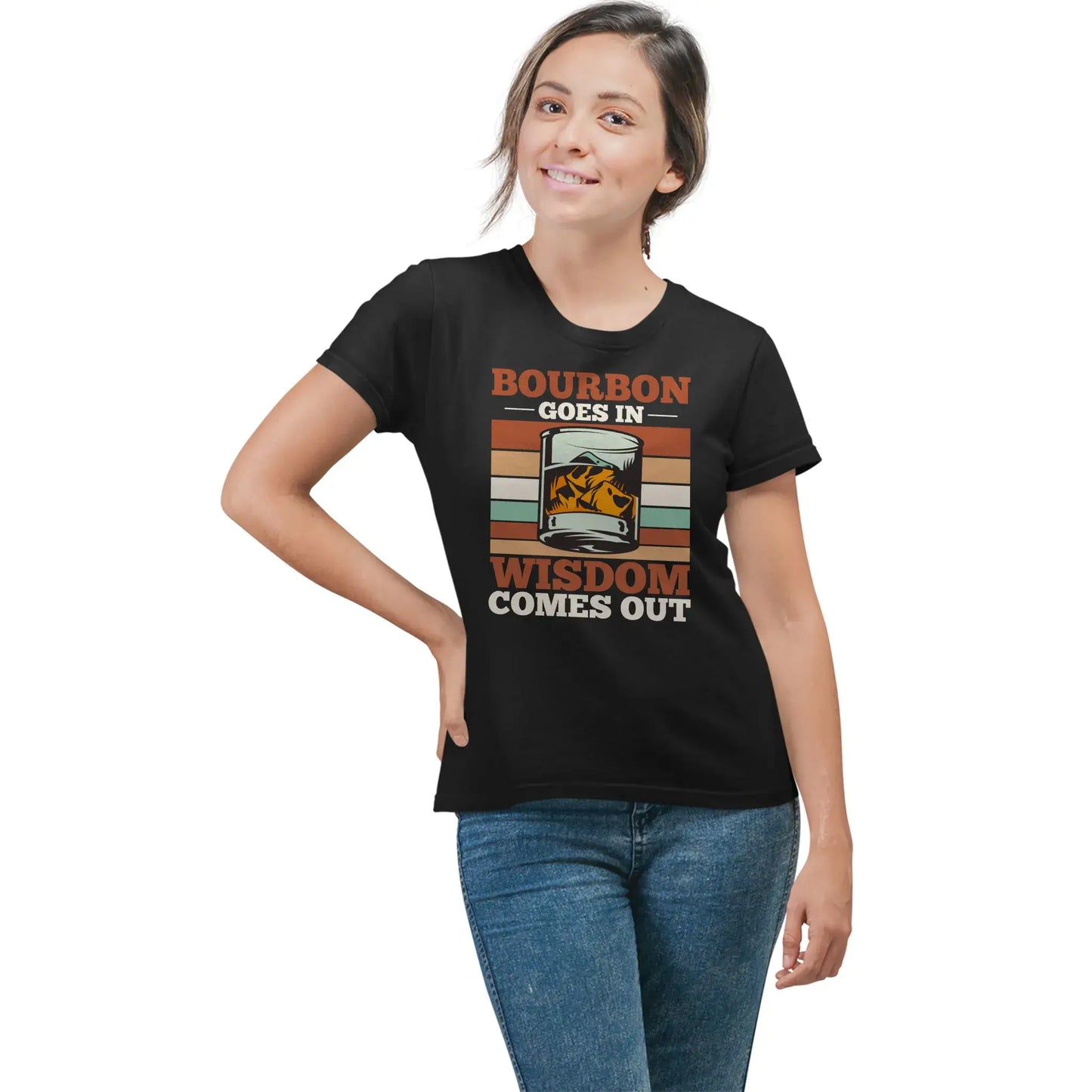 Alternate female mockup of the vintage bourbon t-shirt for whiskey fans