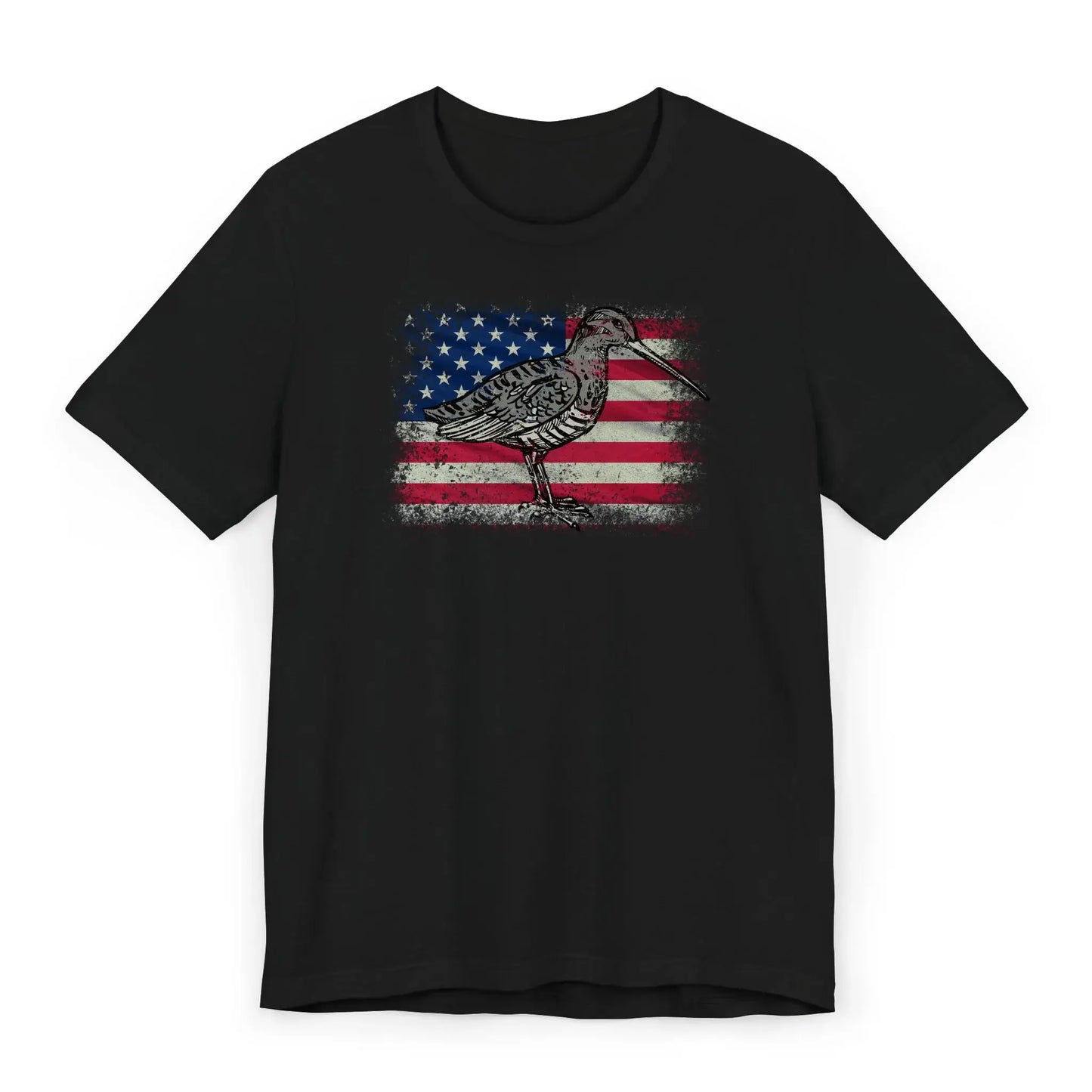 Flatlay of patriotic woodcock flag shirt