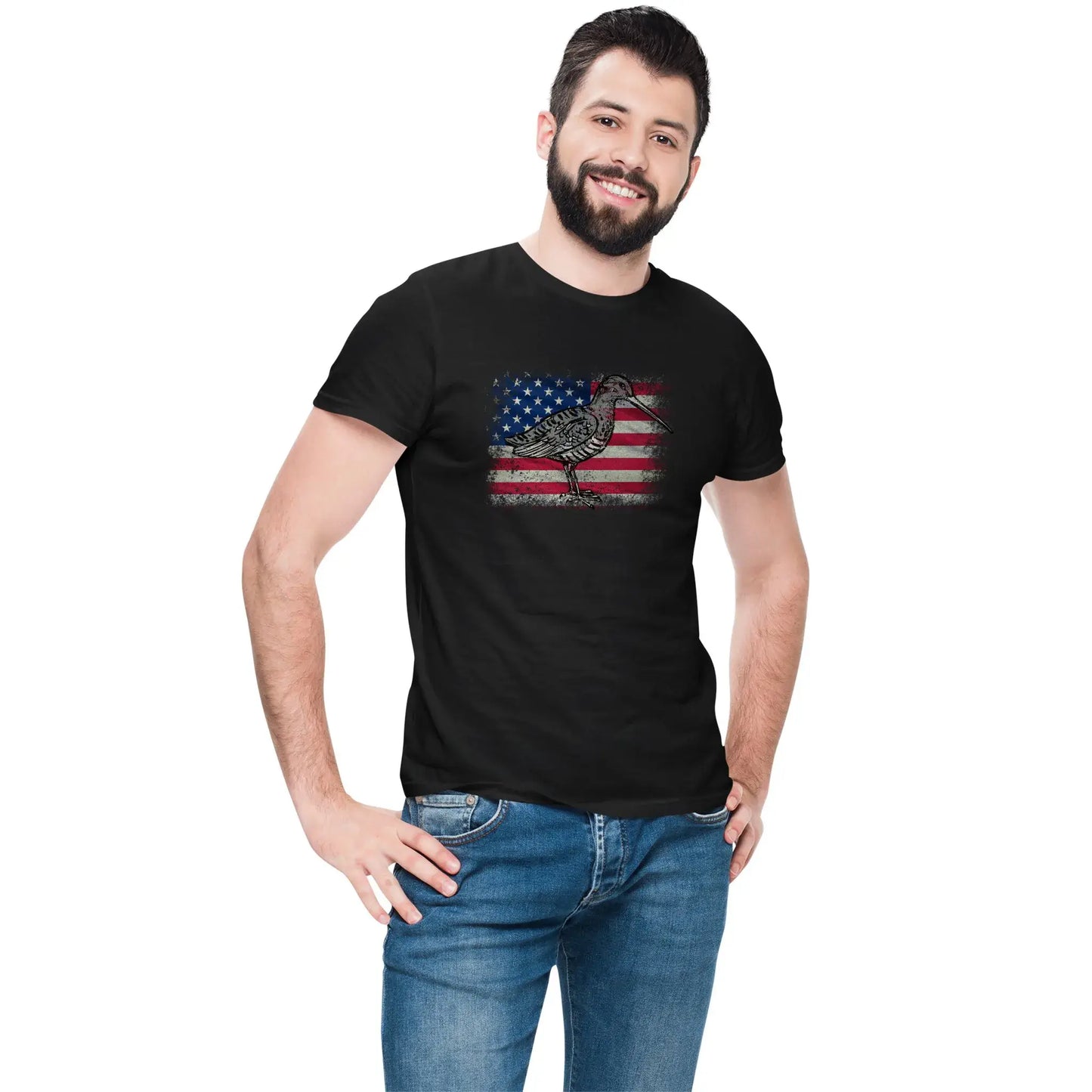 Man wearing woodcock bird lovers flag tee
