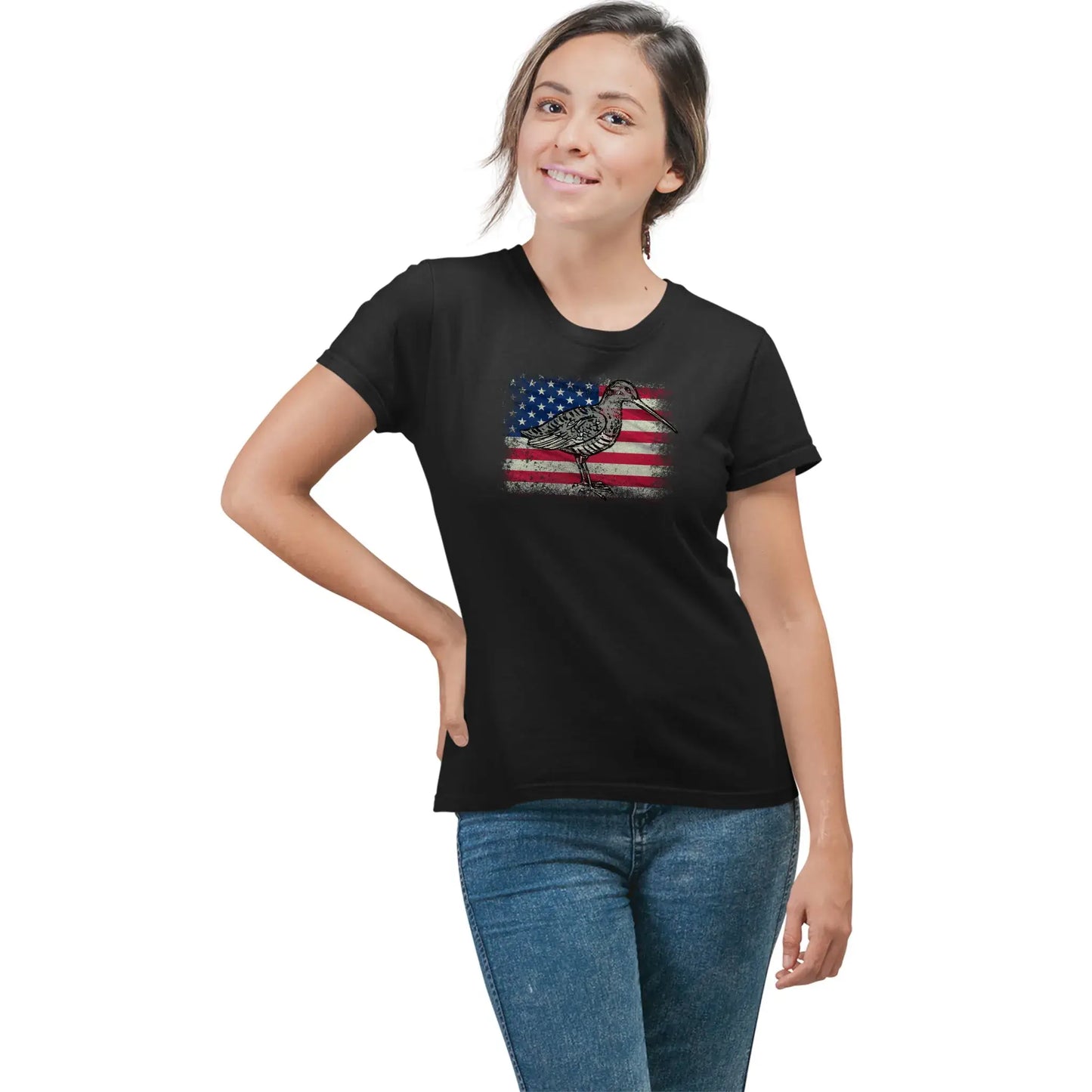 Woman in American Woodcock flag T-shirt