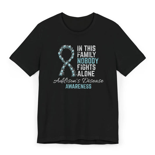 Flat image of the Addisons Disease Awareness T-shirt with a blue ribbon and message showing love and support for rare disease warriors.