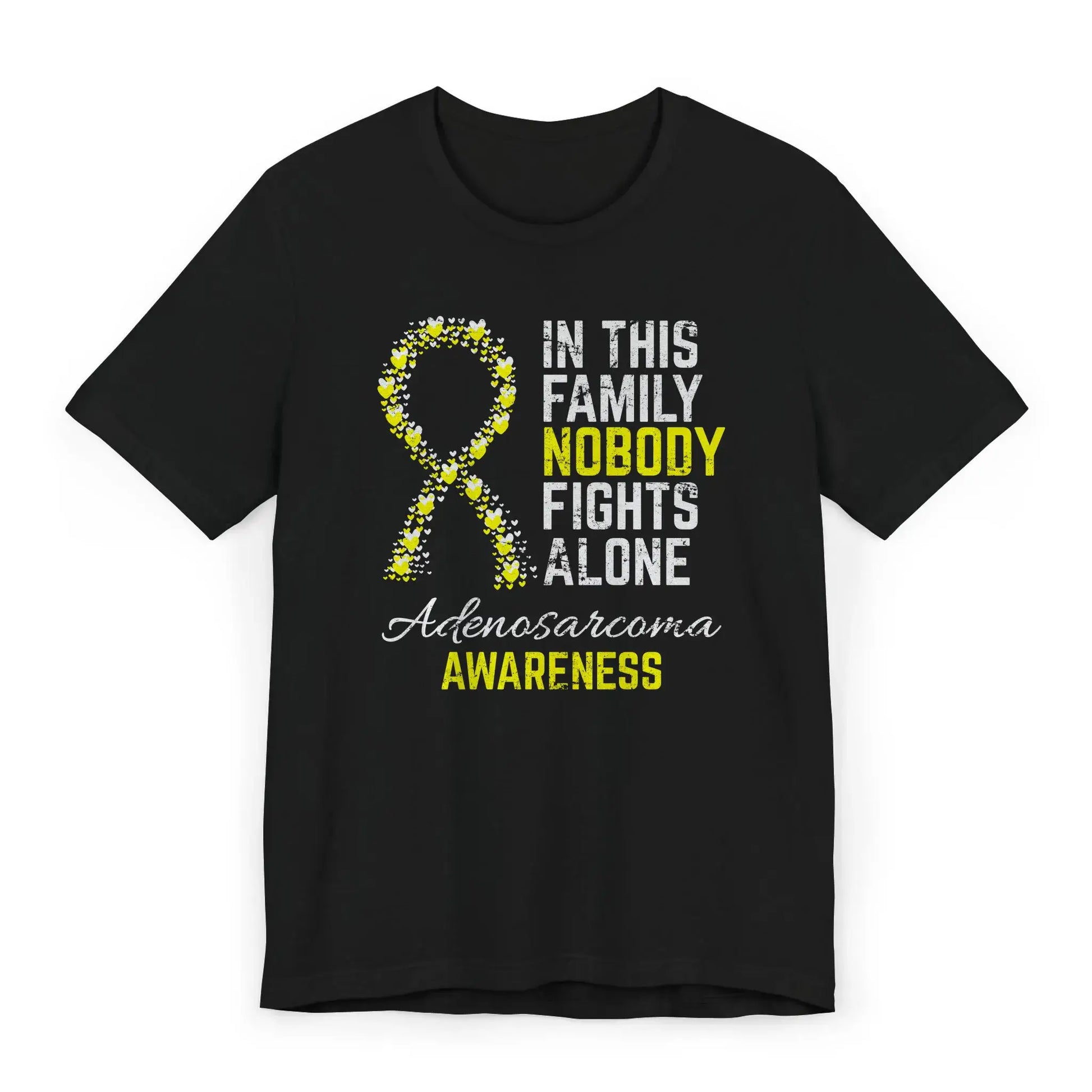 Flat image of the adenosarcoma awareness T-shirt featuring a heart-filled ribbon and the quote “In This Family No One Fights Alone.”