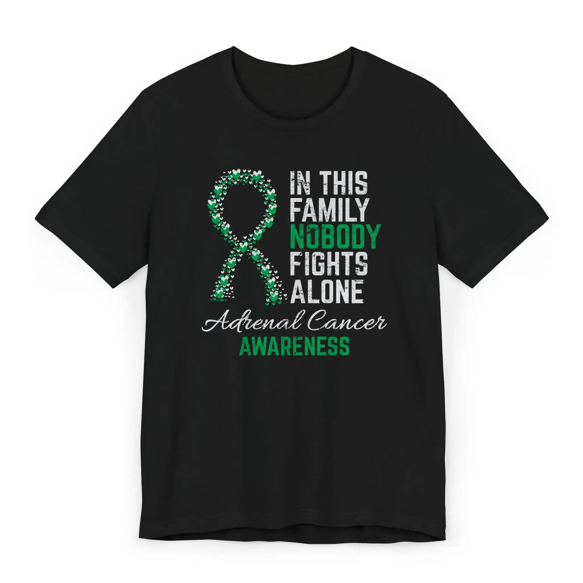 The flat image shows an Adrenal Cancer Awareness T-shirt with a heart-filled ribbon and quote offering strength and visibility for rare cancer fighters.