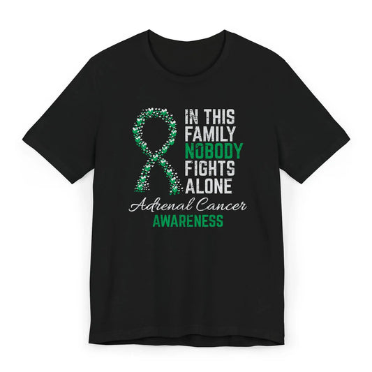 The flat image shows an Adrenal Cancer Awareness T-shirt with a heart-filled ribbon and quote offering strength and visibility for rare cancer fighters.