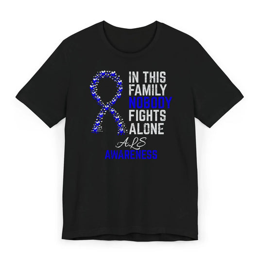 Black ALS awareness shirt with blue ribbon made of hearts and “In This Family No One Fights Alone” quote to support Lou Gehrig’s disease.