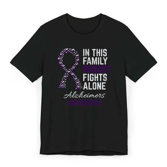 Black Alzheimer’s awareness shirt with heart ribbon and “In This Family No One Fights Alone” quote for Alzheimer’s disease support.