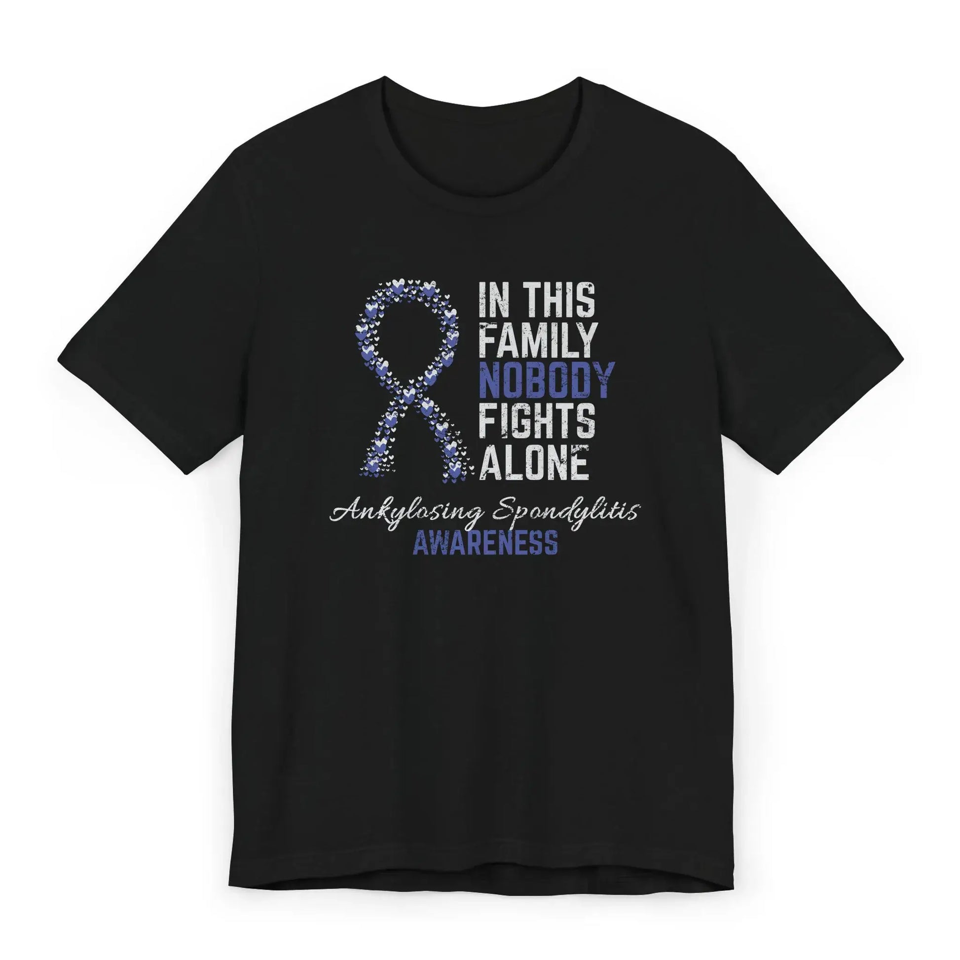 Flat image of the Ankylosing Spondylitis Awareness T-shirt with heart-filled ribbon and message of strength for AS warriors and their families.