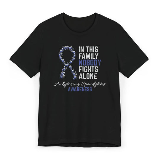 Flat image of the Ankylosing Spondylitis Awareness T-shirt with heart-filled ribbon and message of strength for AS warriors and their families.