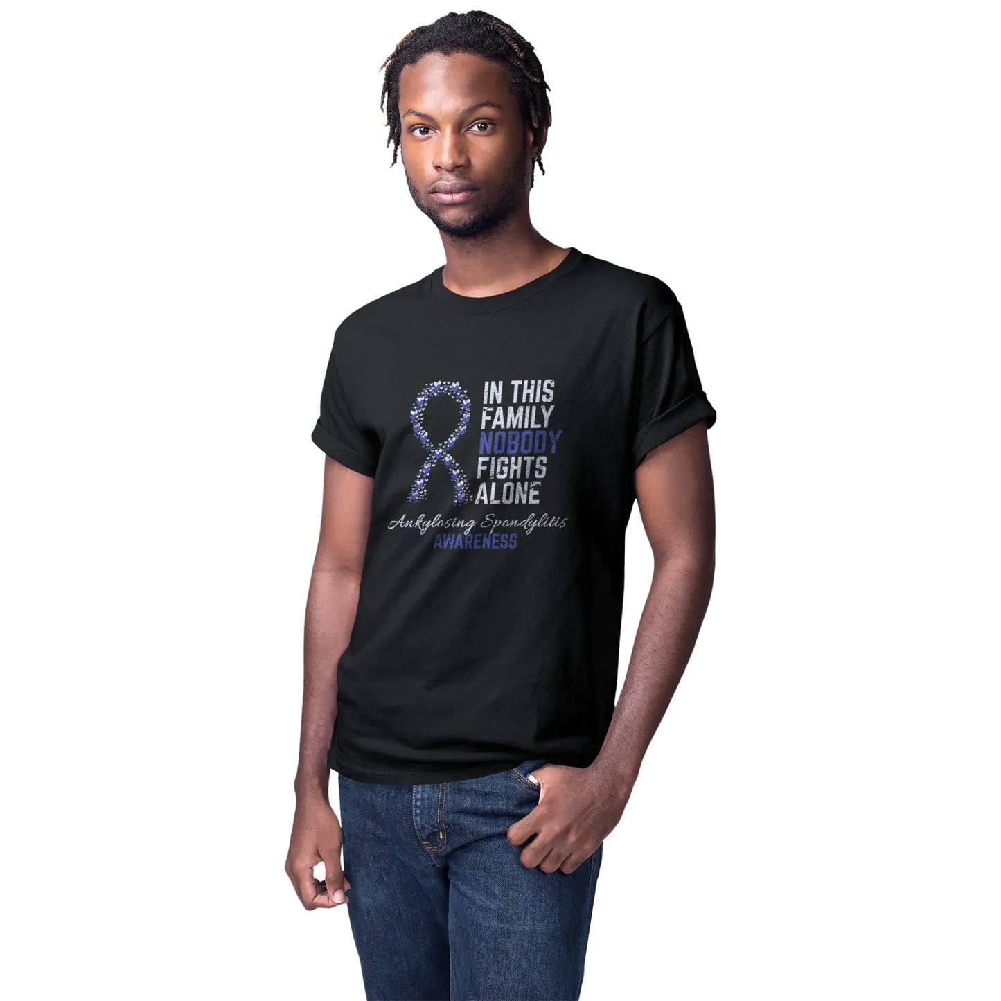 Men’s mockup of the Ankylosing Spondylitis tee designed for AS awareness and solidarity with those battling spinal inflammation.