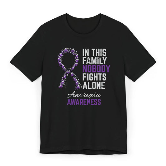 Anorexia awareness shirt with heart-shaped ribbon and the quote “In This Family No One Fights Alone” supporting recovery and visibility.