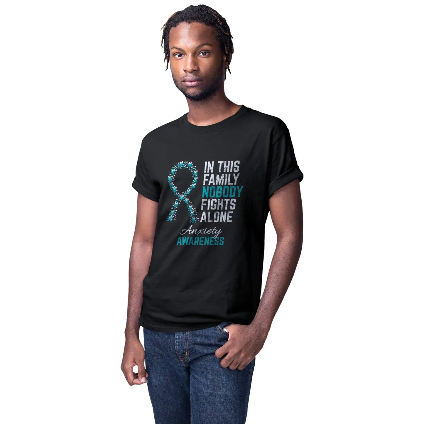 Men’s mockup of the Anxiety Awareness T-shirt designed to promote awareness and compassion for those living with anxiety.