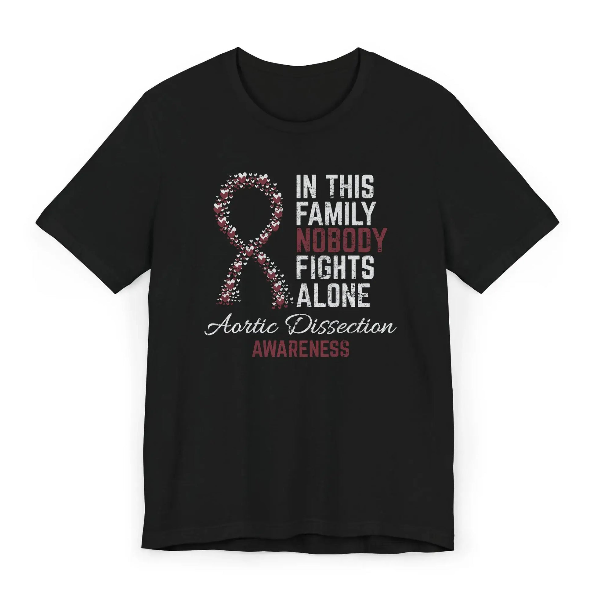 The flat image shows an Aortic Dissection Awareness T-shirt with a heart-filled ribbon and quote supporting survivors of heart trauma and emergency surgery.