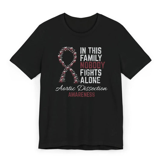 The flat image shows an Aortic Dissection Awareness T-shirt with a heart-filled ribbon and quote supporting survivors of heart trauma and emergency surgery.