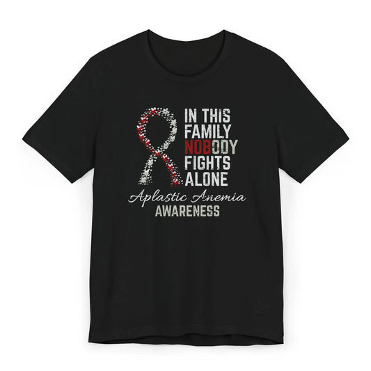 Flat image of the Aplastic Anemia Awareness T-shirt with a red and white ribbon and message of unity for fighters and supporters.