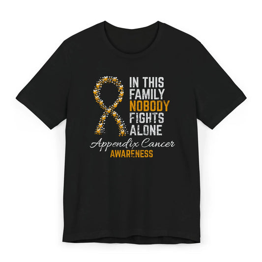 Flat image of the Appendix Cancer Awareness T-shirt with ribbon and quote to support those affected by rare cancer and raise awareness.