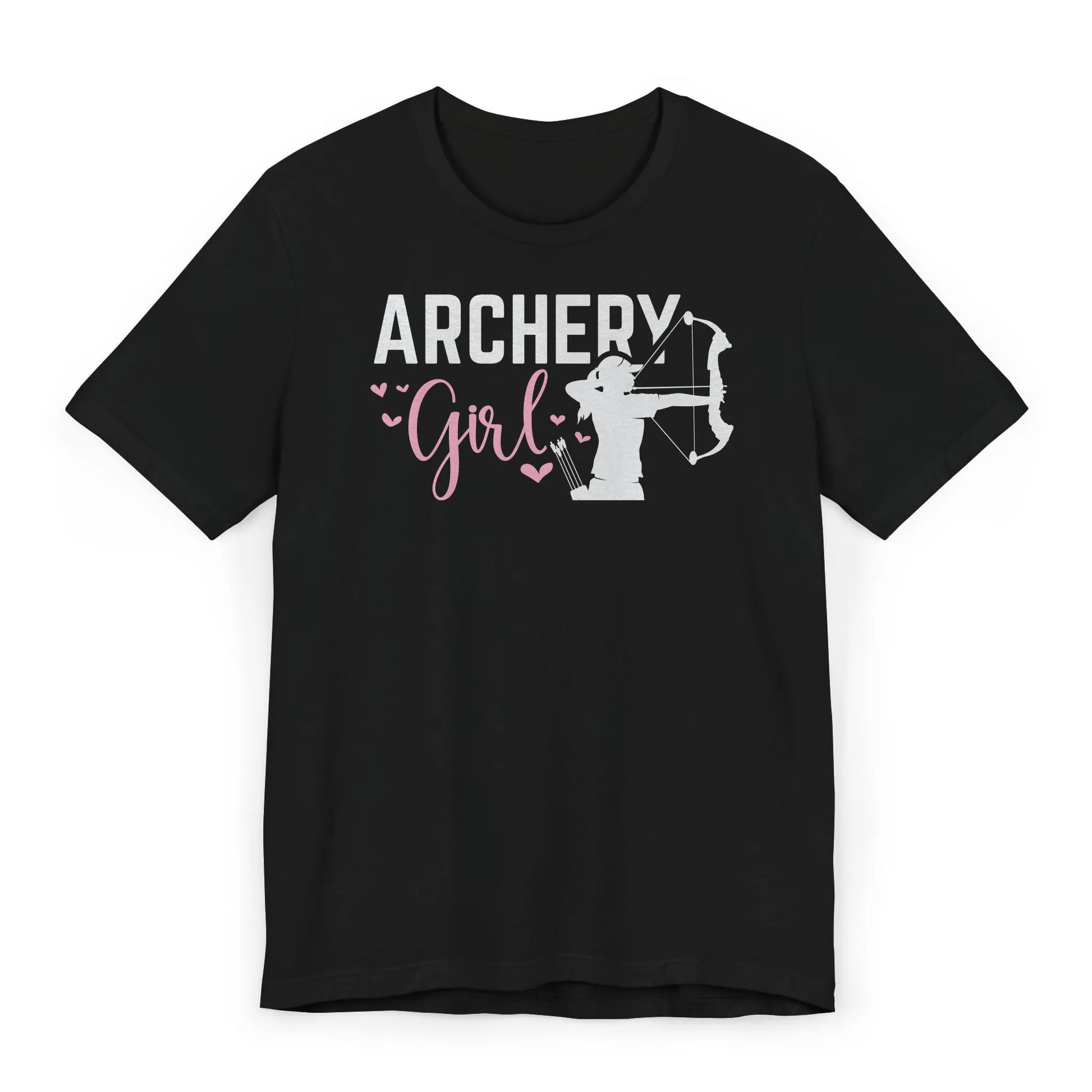 Flat image of cute archery girl shirt with pink hearts – birthday gift for archery girls