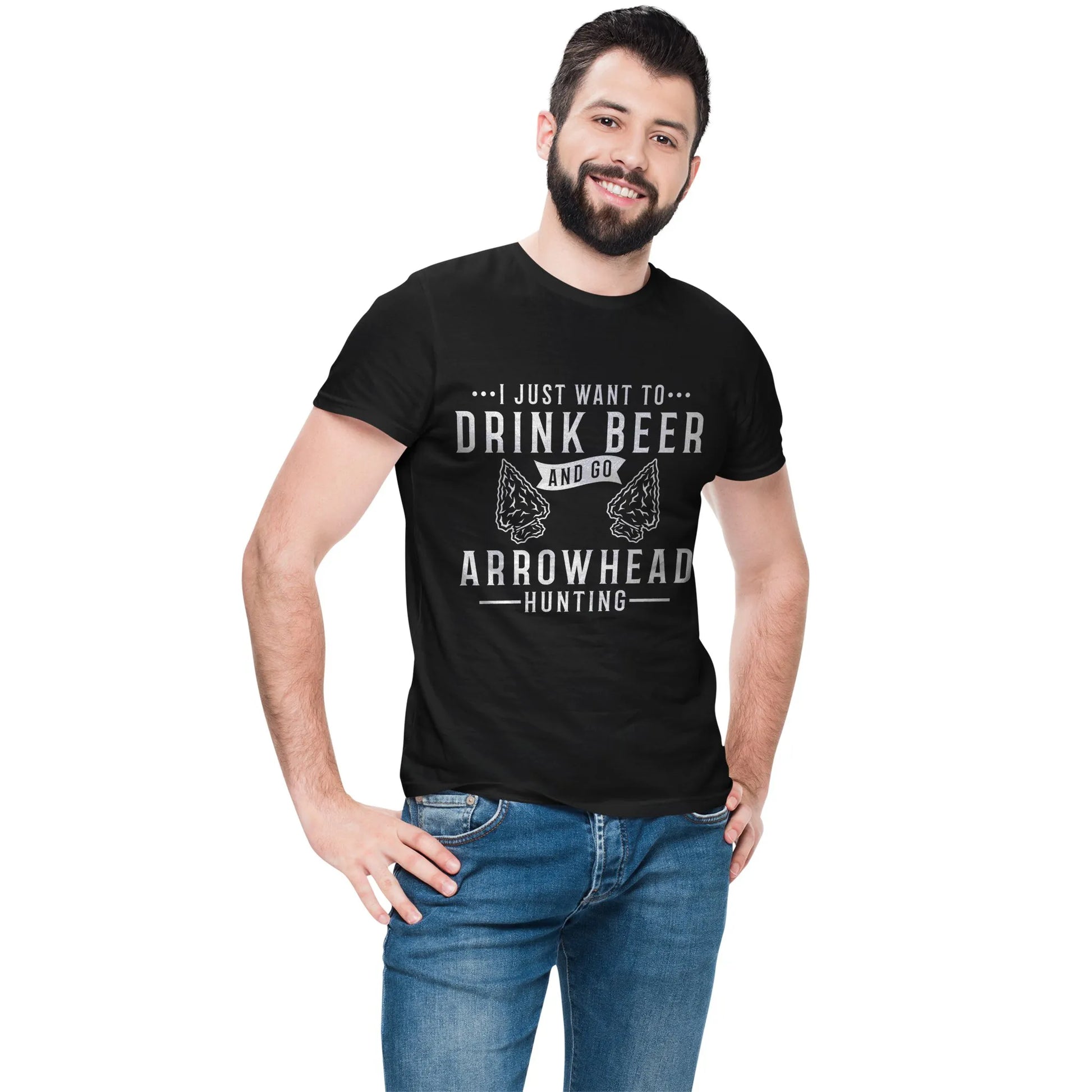 Man wearing funny arrowhead T-shirt that says I Just Want to Drink Beer and Hunt Arrowheads