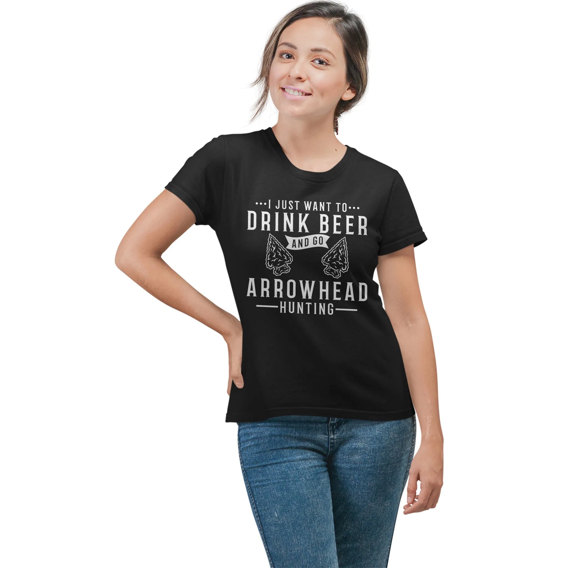 Woman wearing black arrowhead lover T-shirt with drink beer and hunt arrowheads design