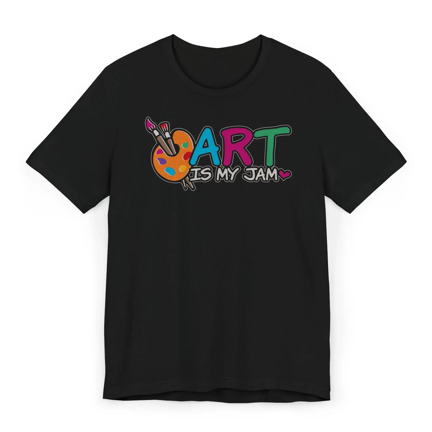 Flatlay of Art Is My Jam shirt with colorful paint palette design