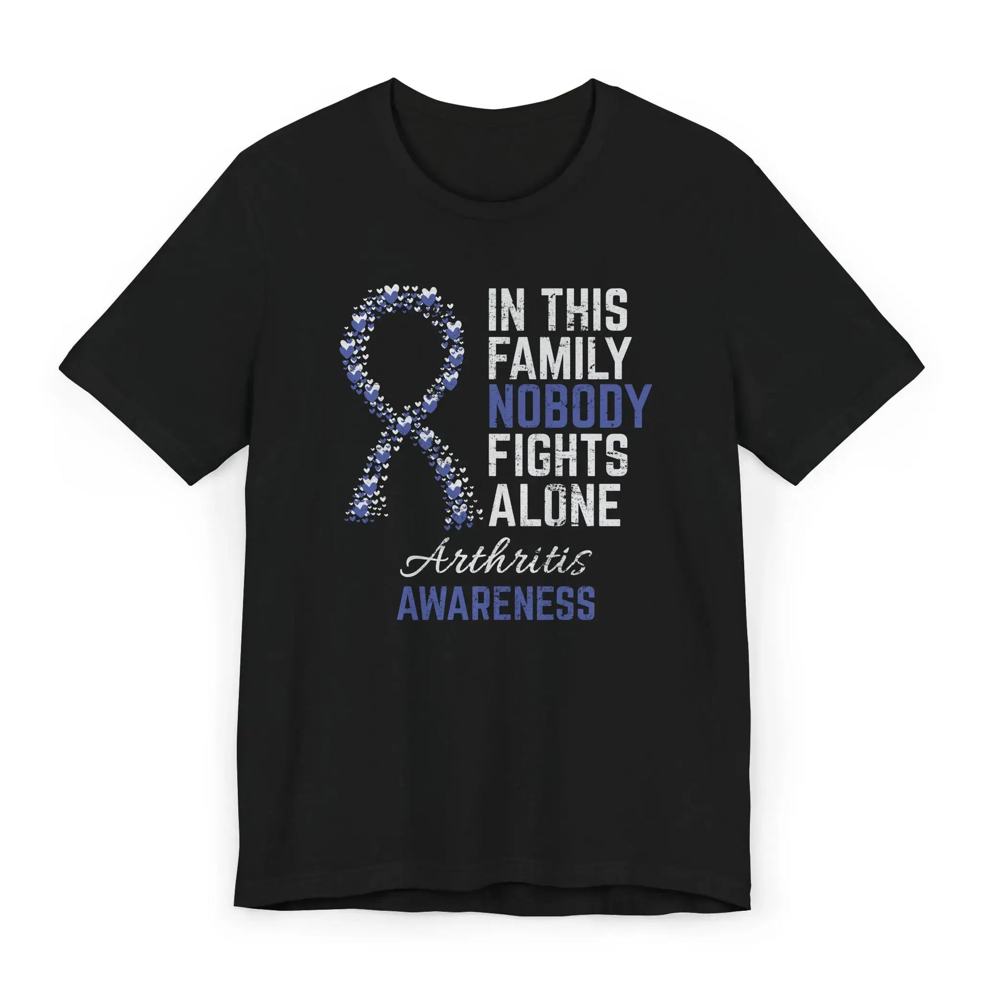 The flat image shows an Arthritis Awareness T-shirt with a heart-filled ribbon and quote supporting those with rheumatoid and juvenile arthritis.