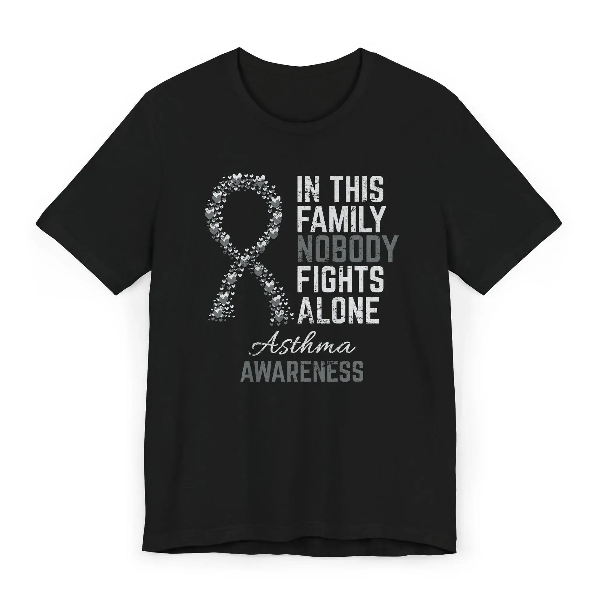 The flat image shows an Asthma Awareness T-shirt with a heart-filled ribbon and quote designed to support individuals with chronic respiratory conditions.