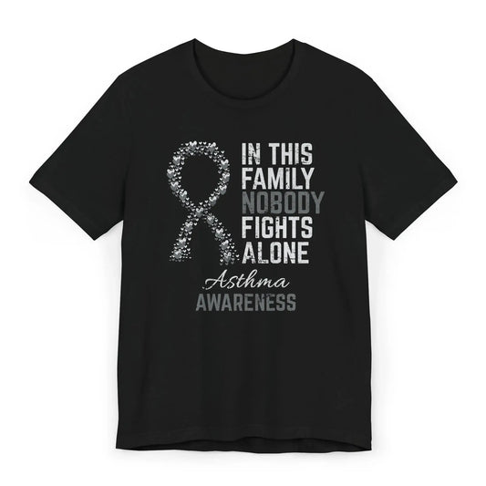 The flat image shows an Asthma Awareness T-shirt with a heart-filled ribbon and quote designed to support individuals with chronic respiratory conditions.