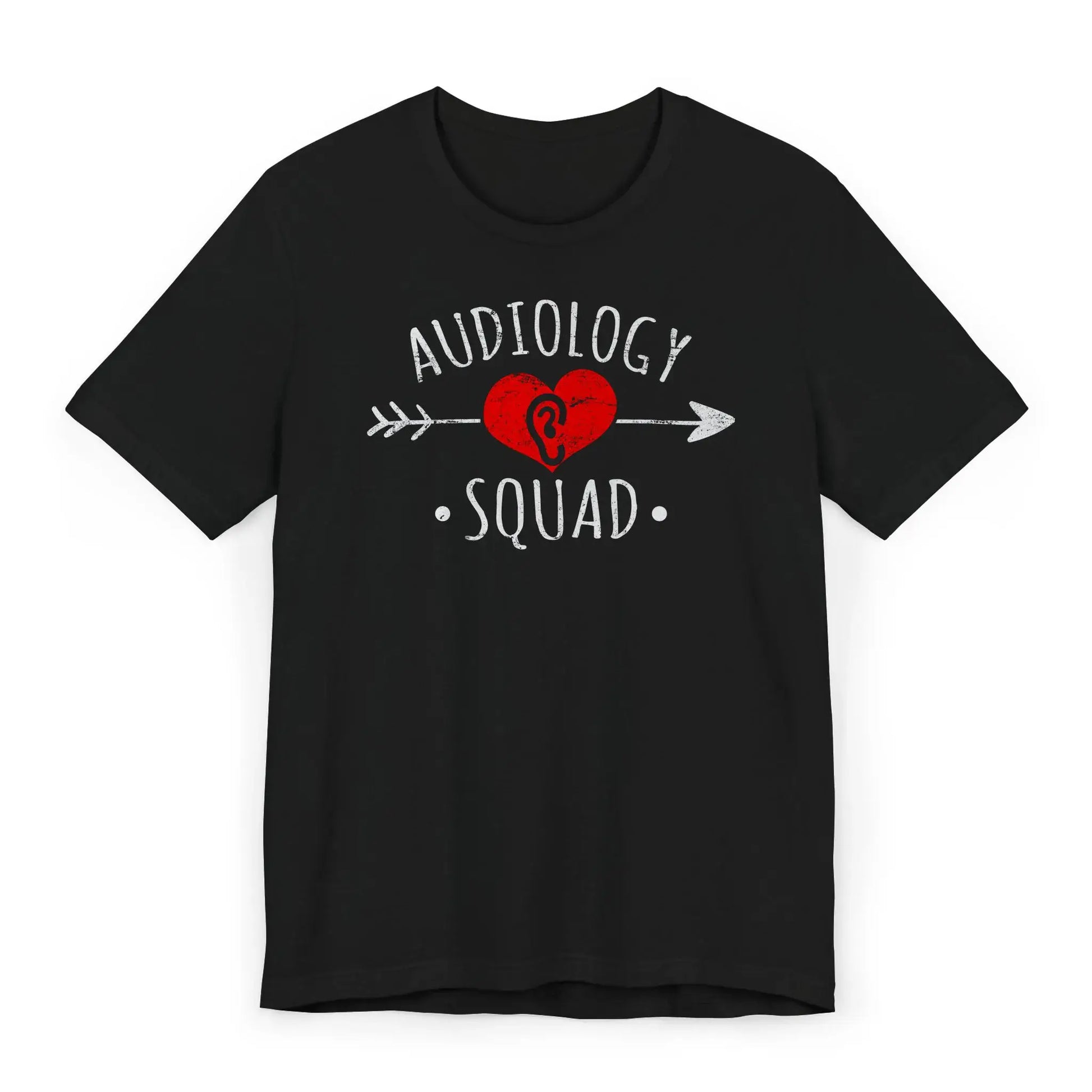 Flatlay of Audiology Squad shirt with heart and ear graphic