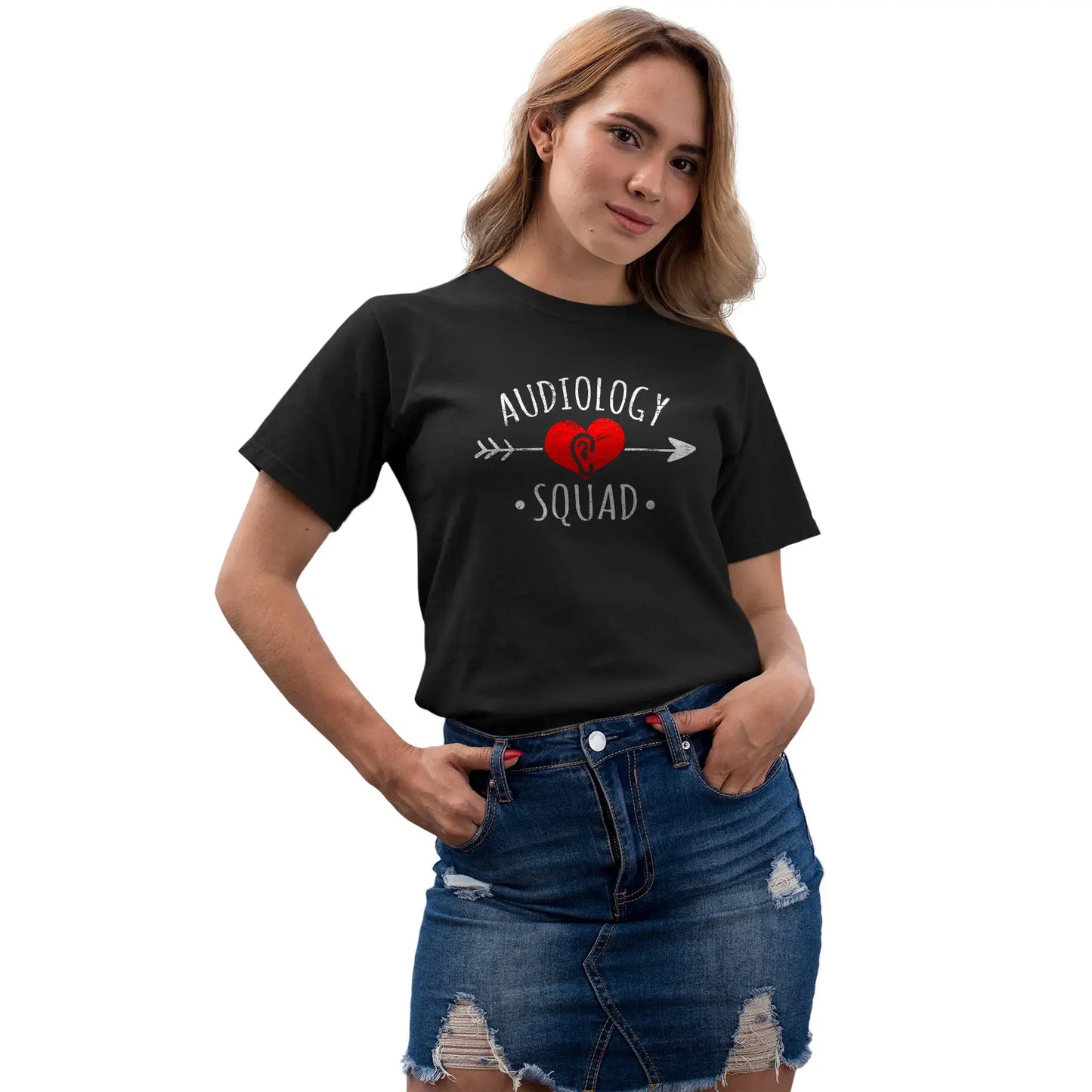 Female wearing audiology t-shirt with team pride design