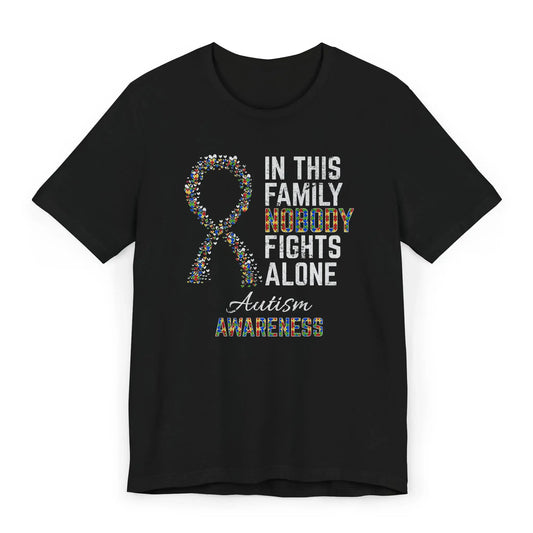 Flat image of the Autism Awareness T-shirt with heart-filled ribbon and quote to support autistic individuals and raise neurodiversity awareness.