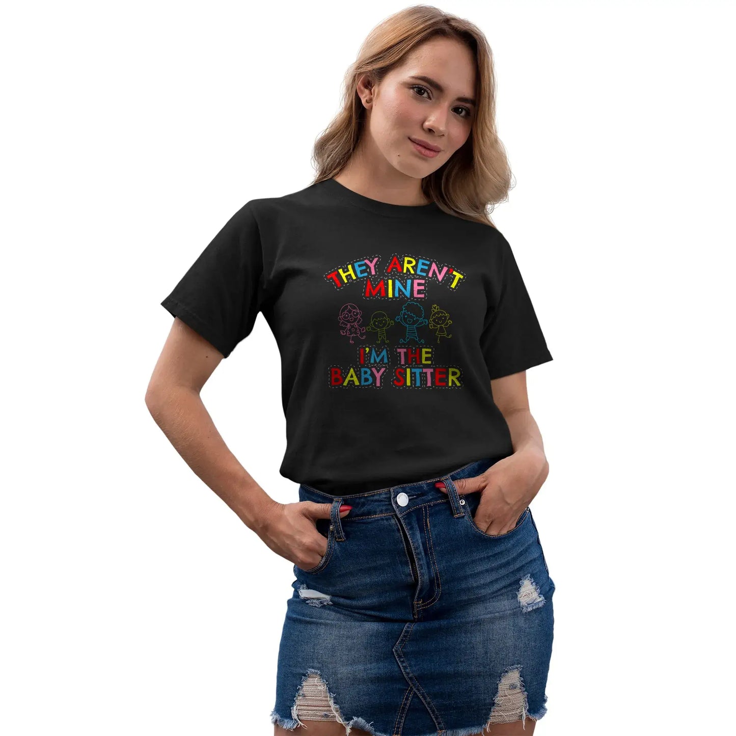 Women’s funny sitter shirt with stick figure kids and humorous statement