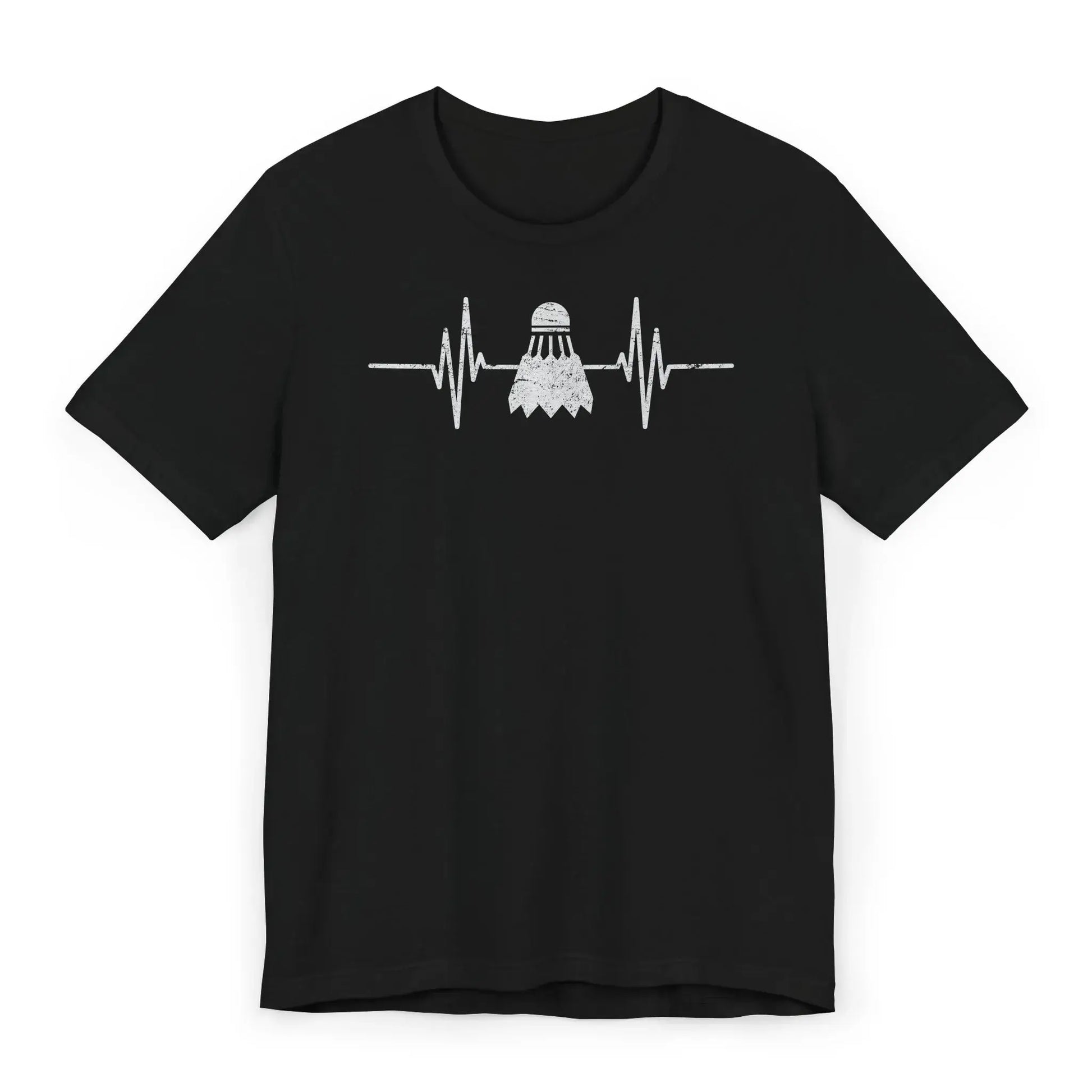 Minimalist shirt with white heartbeat line and shuttlecock in center