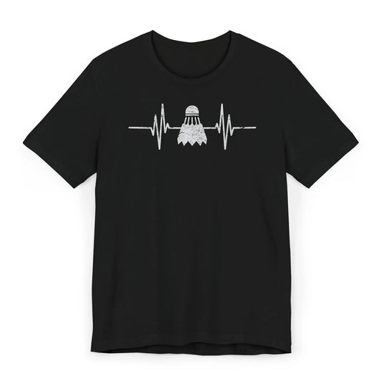Minimalist shirt with white heartbeat line and shuttlecock in center