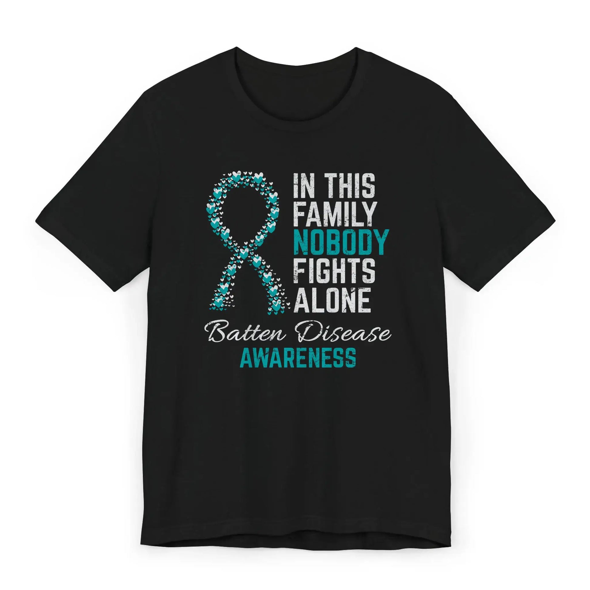 The flat image shows a Batten Disease Awareness T-shirt with a teal heart-filled ribbon and quote honoring rare disease families and child warriors.