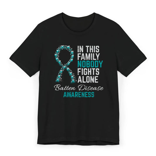 The flat image shows a Batten Disease Awareness T-shirt with a teal heart-filled ribbon and quote honoring rare disease families and child warriors.
