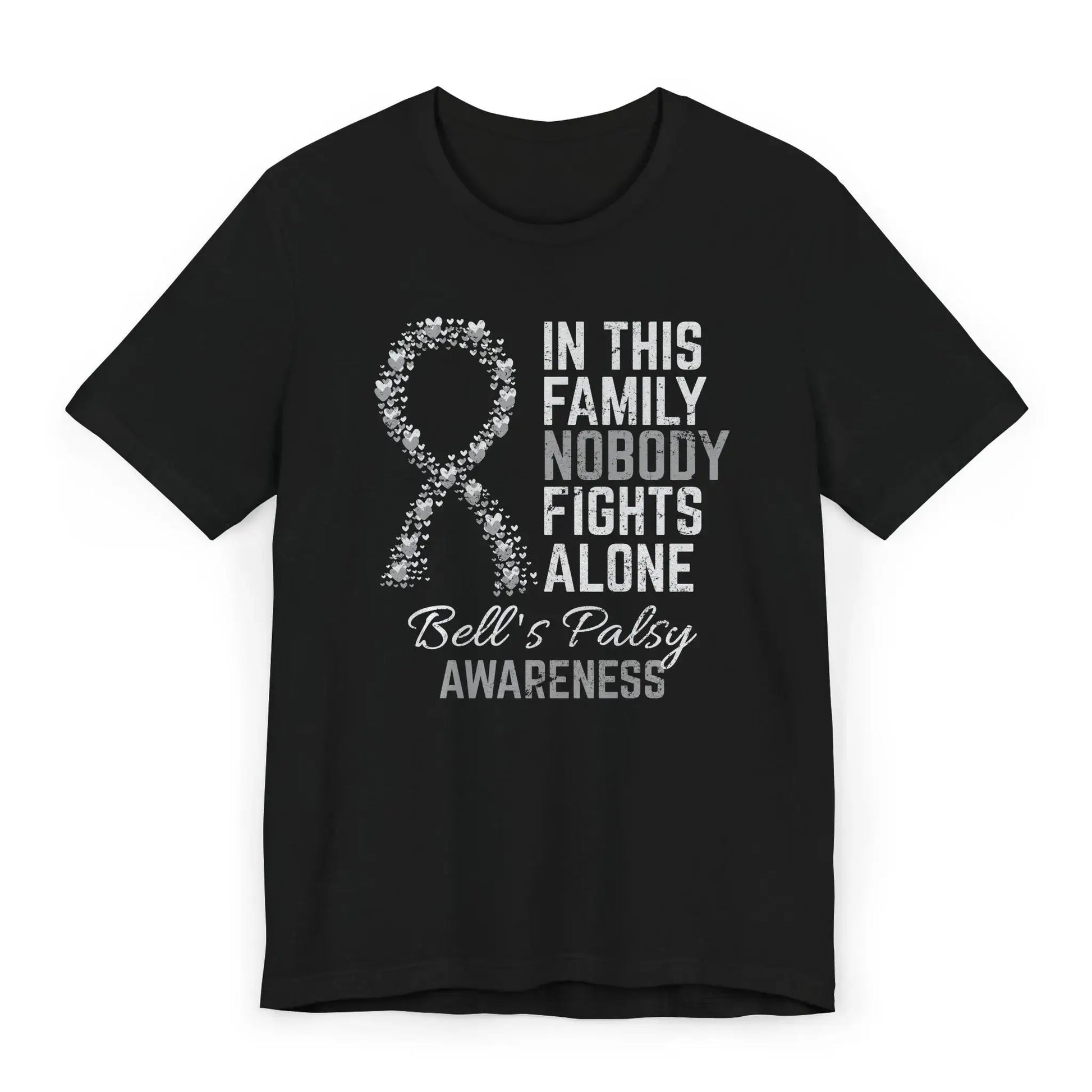Flat image of the Bell’s palsy awareness T-shirt with a heart-filled ribbon and the quote “In This Family No One Fights Alone.”