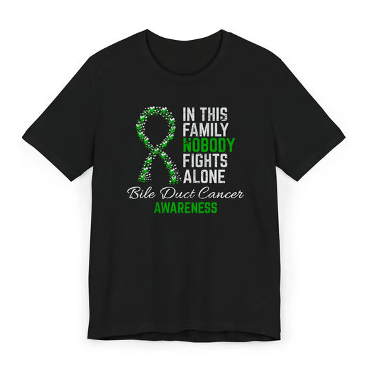 The flat image shows a Bile Duct Cancer Awareness T-shirt with a heart-filled ribbon and quote designed to support rare cancer awareness and strength.