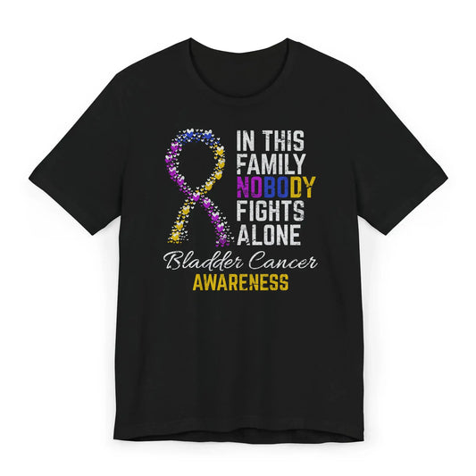 The flat image displays a Bladder Cancer Awareness T-shirt with a heart-filled ribbon and quote supporting fighters and promoting early detection.