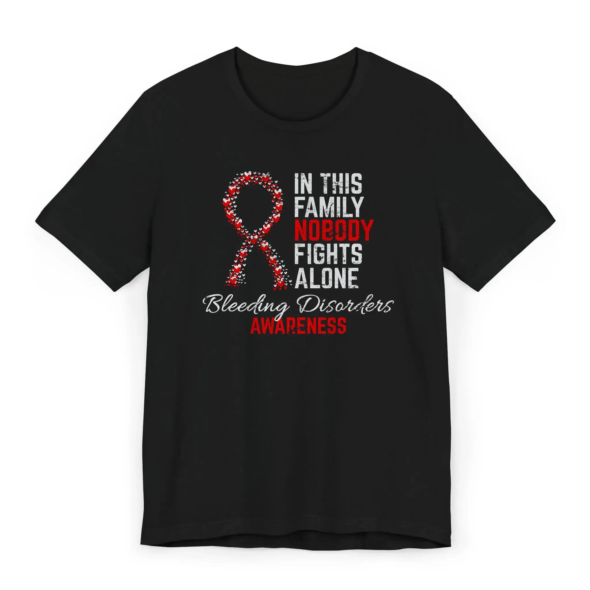 The flat lay shows the bleeding disorders awareness unisex T-shirt with a heart-filled ribbon and quote to support clotting disorder fighters.