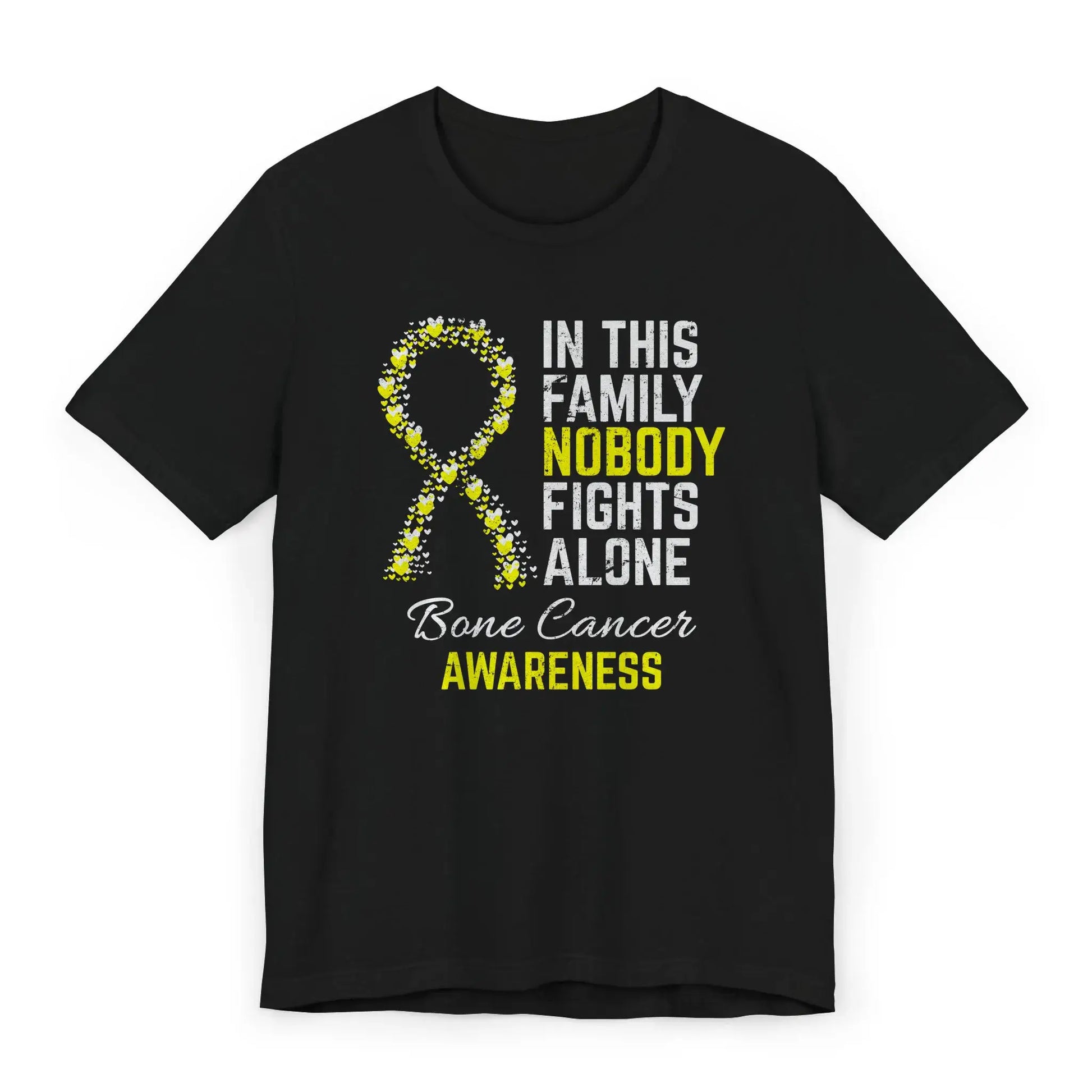 Flat image of the bone cancer awareness T-shirt with a yellow ribbon and the quote “In This Family No One Fights Alone.”