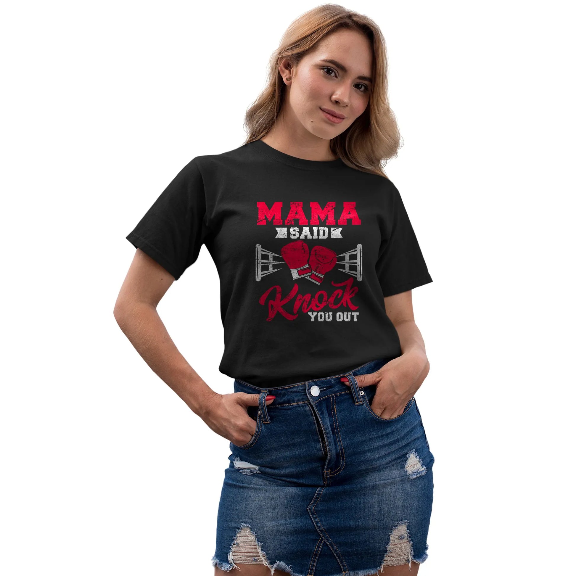 Women’s version of funny boxing mom T-shirt designed for strength and humor in the ring.