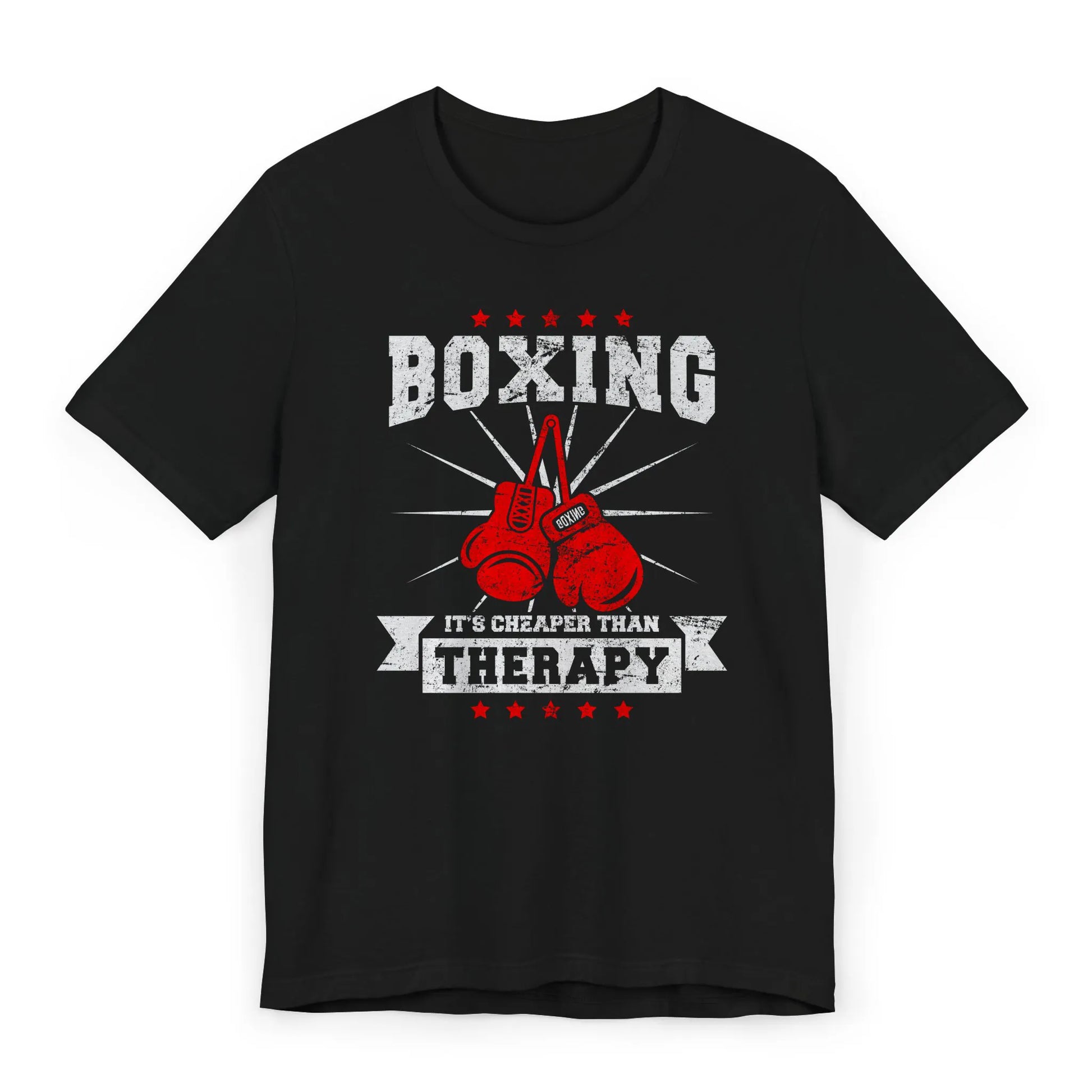 Flat lay of a funny boxing shirt with red gloves and the quote “Boxing – It’s Cheaper Than Therapy.”