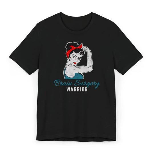 Flat image of brain surgery warrior shirt featuring a strong Rosie-style woman and survivor message.