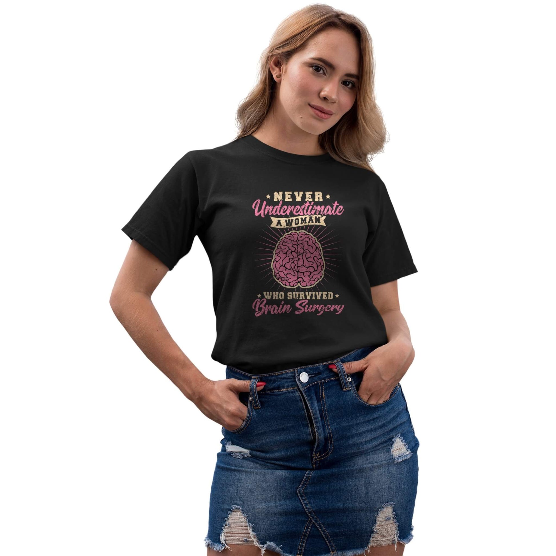 Women’s version of brain surgery awareness shirt celebrating strong female survivors.
